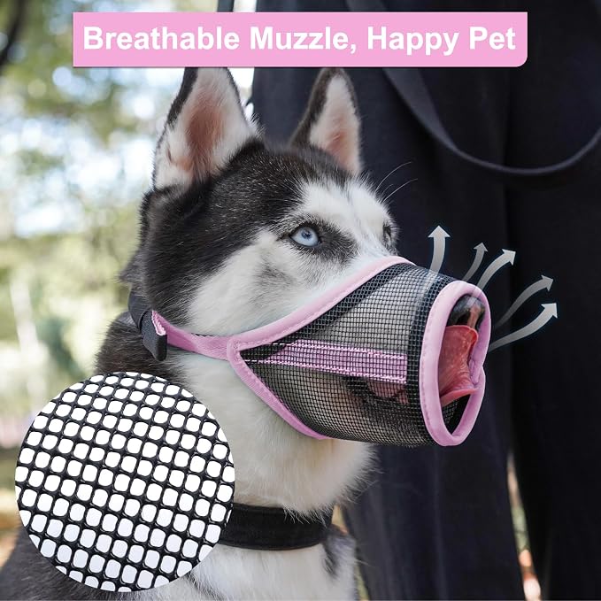 LUCKYPAW Dog Muzzle, Mesh Muzzle for Large Medium Dogs, Soft Mouth Cover to Prevent Biting Chewing, Drinkable Breathable Adjustable Puppy Mouth Guard(XL, Pink)
