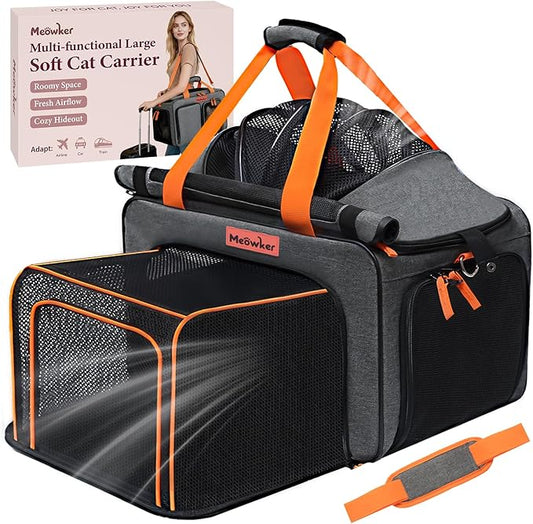 Cat Pet Carrier Soft Sided Bag Airline Approved, Foldable Travel Large Carrier for Small Kittens Medium Cats Up to 15 Lbs, Expandable Carrying Case for Car, Comfortable for Transport