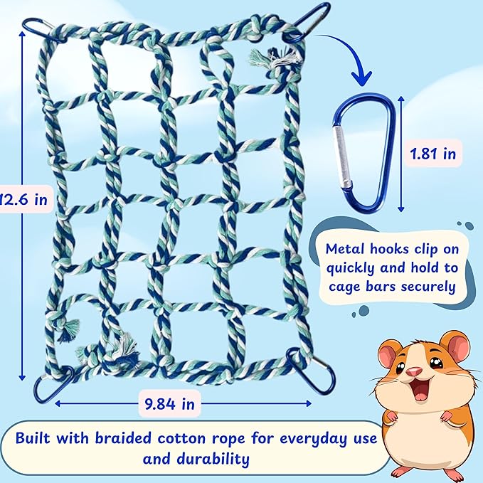 Rat Climbing Hammock for Cage Accessories, Rat Climbing Ropes and Hanging Swing Toys, Hamster Cotton Bridge Ladder Enrichment Toy, Mesh Net Platform for Parrot Bird Chinchilla Ferret (Hammock, Rope)