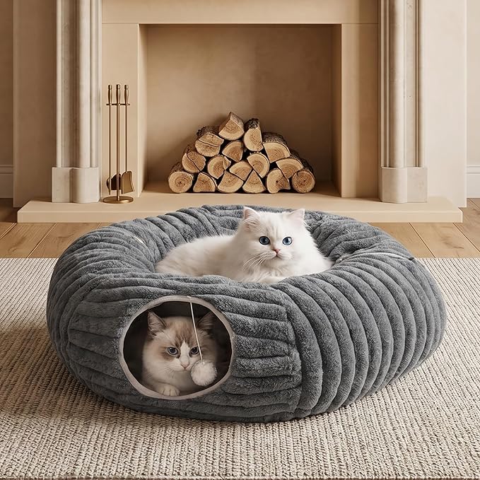 Cat Tunnel Bed, Peekaboo Hideaway Cave for Indoor Cats, Machine Washable Kitten Bed, Cat Donut, Dachshund Tunnel Bed for Small Dogs, Upgraded Striped Hare Feel Fabric (Deep Grey)
