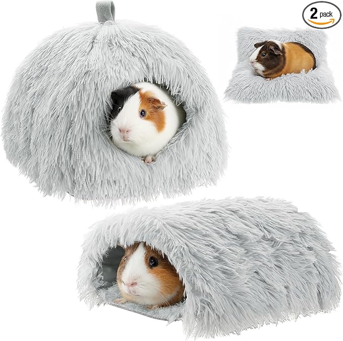 2 Pack Guinea Pig Hideout Bed with Tunnel, Large Soft Plush Cozy House, Washable Hideaway for Guinea Pigs and Small Animals(Style 1)