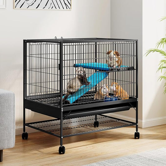 DWVO 2-Tiers Small Animal Cage with Wheels, Indoor Cage for Ferrets, Chinchillas, Guinea Pigs, Large Hamsters, Rabbits, Hedgehogs