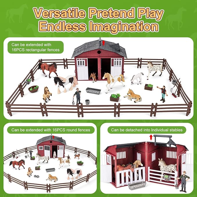 47PCS Horse Toys Stable Playset with Farm Fences for Girls Boys, Solid Plastic Horse Stable with a Handle, Farm Animal Barn Toys Horse Figurines for Kids, Birthday Gift Cake Toppers