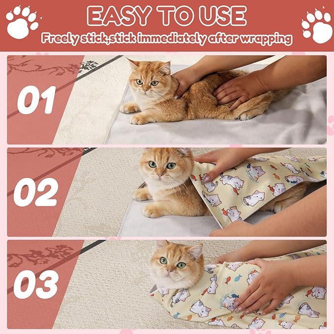 33.5" Cat Grooming Wrap,cat wrap for Cutting Nails,Self-Adhesive cat Swaddle wrap cat Restraint cat wrap Blanket for Medicine, Nail Clipping, Teeth Brushing,Pink Kitten(Within 22lbs)
