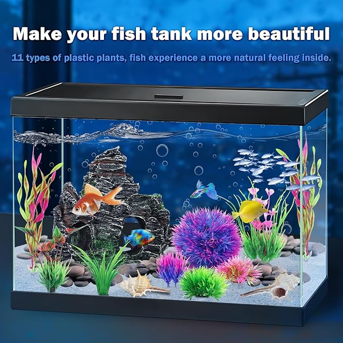 QUOZUO 10pcs Aquarium Artificial Plastic Plants Decorations and Rock Cave Decor Set, Fish Tank Accessories Small Large Fish Bowl Ornaments Set