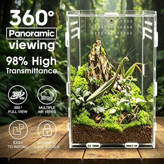 Jumping Spider Enclosure, Insect Terrarium, Bug Cage, Acrylic Terrarium for Tarantula, Snail, Praying Mantis, Frog, and Small Reptiles, Includes Tweezer and Bowl, (5.9" x 5.9" x 9.8")