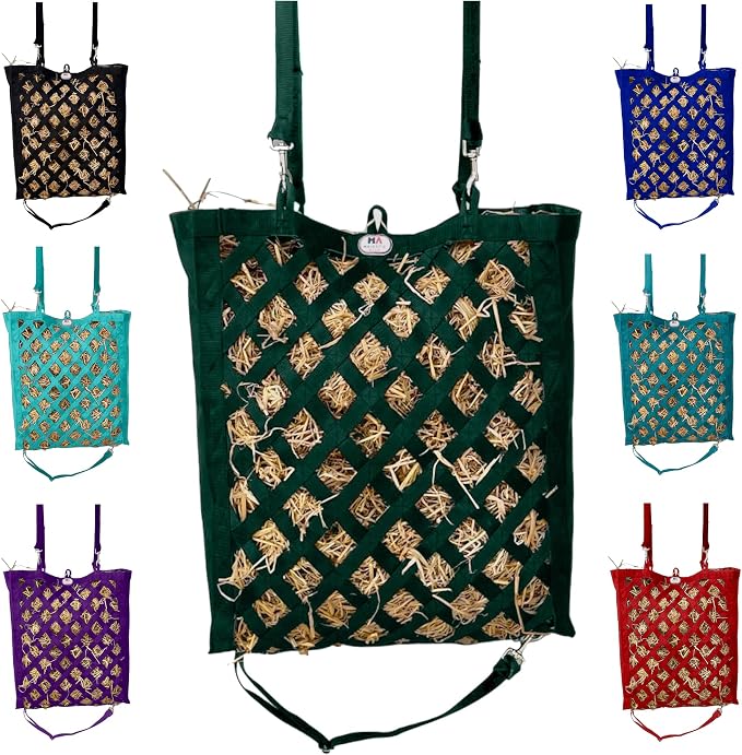Majestic Ally Premium Nylon Hay Bag for Horses and Livestock, Simulates Grazing, Slow Feeding, Heavy-Duty PP Webbing,Quick-Adjust Straps, Small Hole for Digestion, Multiple Colors (Hunter Green)