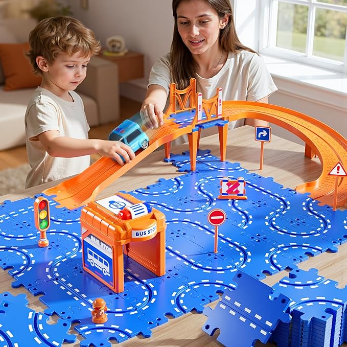 NIPLOOOW Puzzle Race Car Track Set for Kids 3-5, Floor Puzzle Track Car Set, Toddler Toys for 3 4 5 6 Years Old Boys, Toys Gift for Kids Boys Girls Age 3 4 5 6 7 8 Years Old