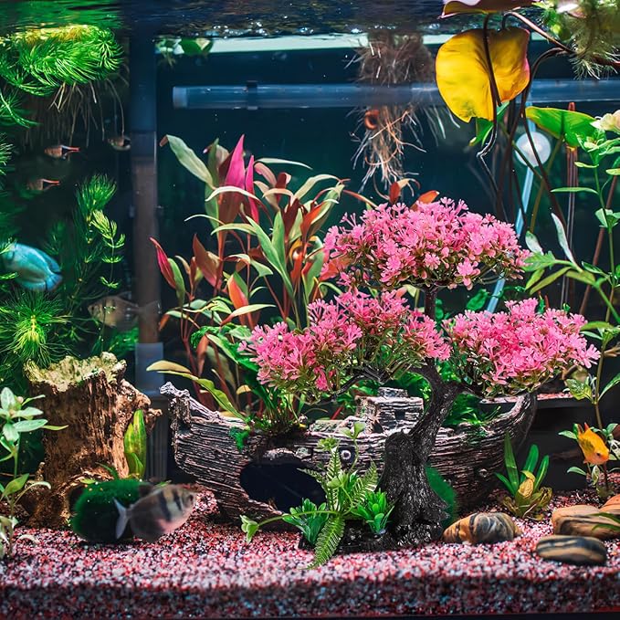 Aquarium Decor Artificial Plants Tree Set: 11.4 Inch Plastic Plants for 10-50 Gallon Fish Tank Decoration Pink Simulation Aquarium Tree Betta Fish Bowl Ornaments Home Office Decor