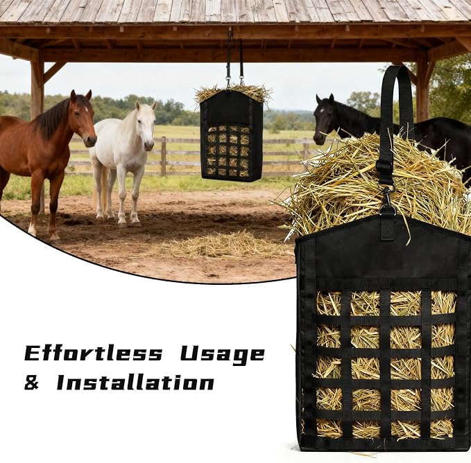 2 Pack Hay Bags for Horses,Goats,Sheep, Horse Hay Nets with Adjustable Straps, Large Top Opening Hook-and-Loop Seals, Durable Hay Feeder for Equine & Livestock