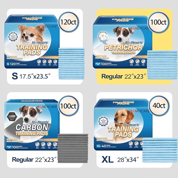 HONEY CARE All-Absorb, X-Large 28" x 34", 40 Count, Dog and Puppy Training Pads, Ultra Absorbent and Odor Eliminating, Leak-Proof 5-Layer Potty Training Pads with Quick-Dry Surface, Blue