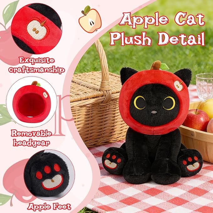 Black Cat Plush - 8inch Cute Stuffed Cat with Red Apple Hood, Teacher Gift Soft Kitten Plushie Toy for Kids Boys Girls, Creative Fruit Plush,