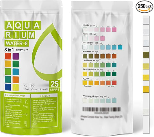 AAwipes Aquarium Ammonia Test Strips 8-in-1 |250 Strips Bag Packs| Quick & Accurate Water Testing Test pH, Carbonate, Alkalinity, Hardness, Chlorine, Nitrite, etc. (K02-250)