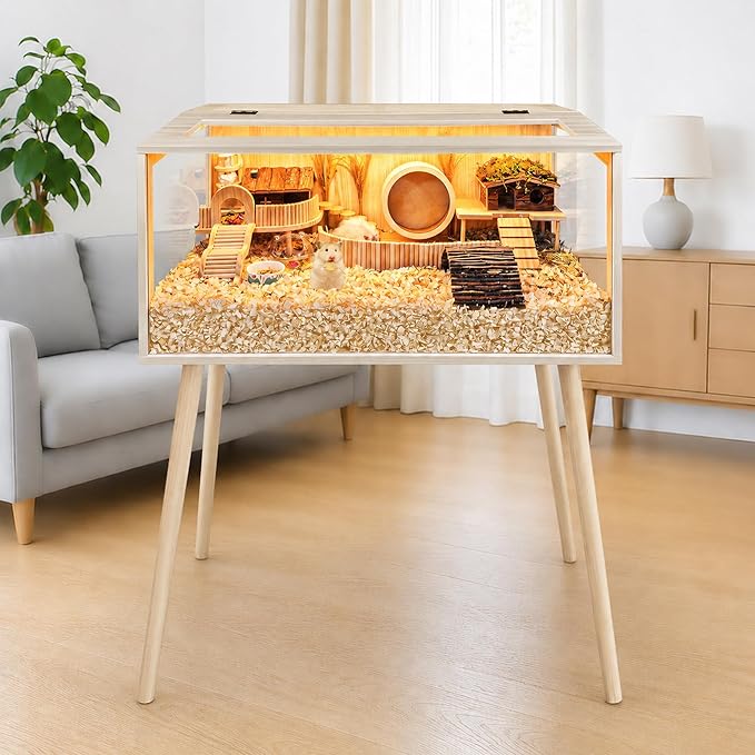 PROLEE Hamster Cage Wooden Chew Proof, Extra Large Mice and Rat Habitat Openable Top with Acrylic Sheets Solid Built Small Animal Cage with Leg Stands, 40 Inch Long