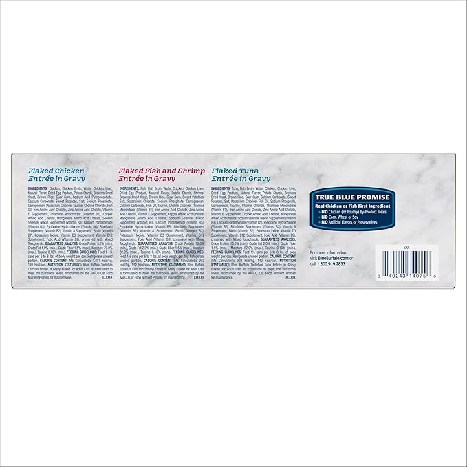 Blue Buffalo Tastefuls Natural Flaked Wet Cat Food Variety Pack, Tuna, Chicken and Fish & Shrimp Entrées in Gravy 5.5-oz Cans (12 Count - 4 of Each)