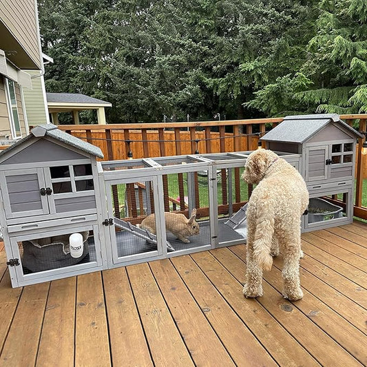 Aivituvin 103.2" L Rabbit Hutch Indoor Outdoor Bunny Cage with Run,Guinea Pig House Pull Out Upper Tray (103.2" L x 25.2" W x 36.2" H, Grey-2 Sets)