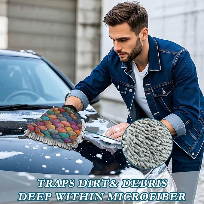 Car Wash Mitt Microfiber Wash Mitts for Car Washing Scratch-Free Cleaning Gloves Soft Non Absorbent Chenille Auto Hand Mitt Large 2Pack Vintage Rainbow-Colored Fish Scales