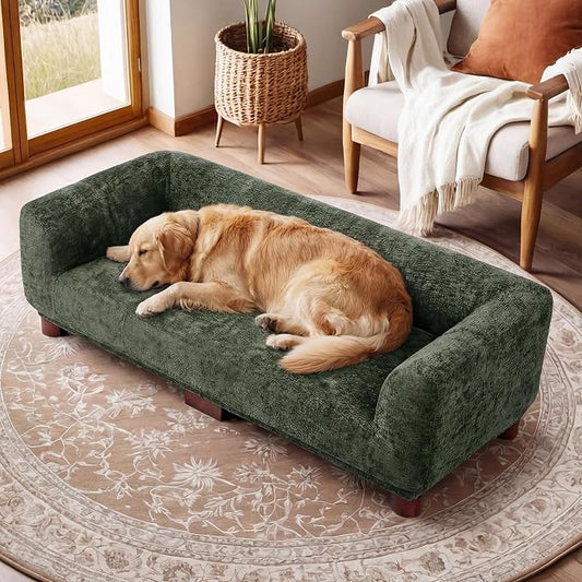 Dog Couch Sofa for Large & Extra Large Dogs, Elevated Pet Bed with Legs, Button Tufted Chenille Dog Couch with Backrest and Armrests, Modern Indoor Dog Furniture(Green, XXL - 55" x 28" x 15")
