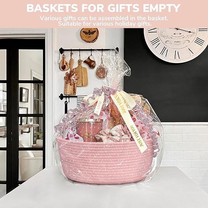 CHICVITA Mother's Day Basket with Gift Bags & Ribbon Baskets for Gifts Empty, Rope Baskets for Organizing, Home Decoration for Kids, 12"x 8"x 5", Pink