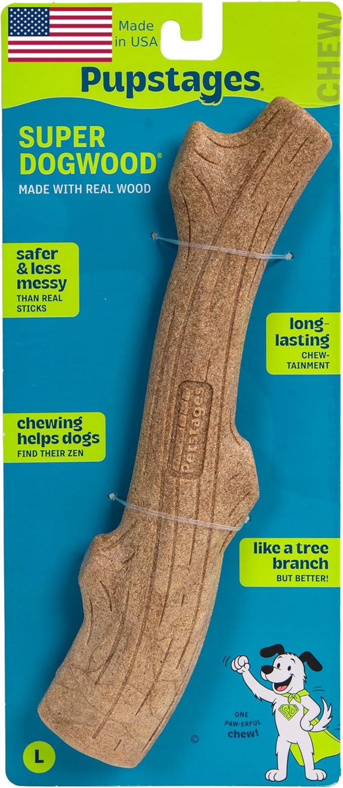Pupstages Super Dogwood Dog Chew Toy, Made in the USA – Real-Wood Blend, Natural Wood Flavor & Texture, Moderate Chewers, Large, 11"