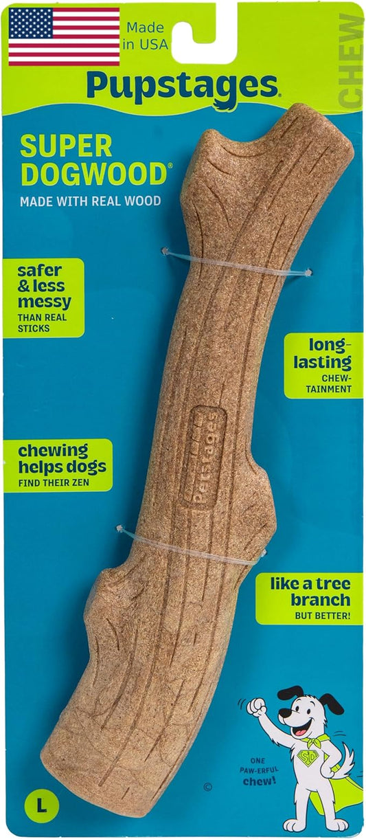 Pupstages Super Dogwood Dog Chew Toy, Made in the USA – Real-Wood Blend, Natural Wood Flavor & Texture, Moderate Chewers, Large, 11"