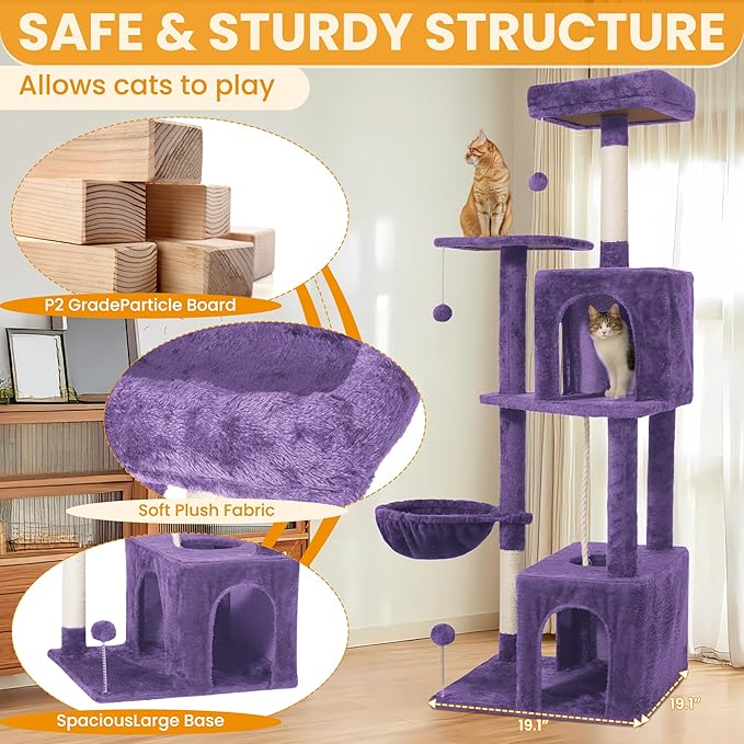 54-Inch Cat Tree Tower with 2 Caves & 2 Pompoms - Multi-Level Tower for Indoor Cats, Soft Plush Condo with Scratching Posts - Sturdy Base for Large Cats(Purple)