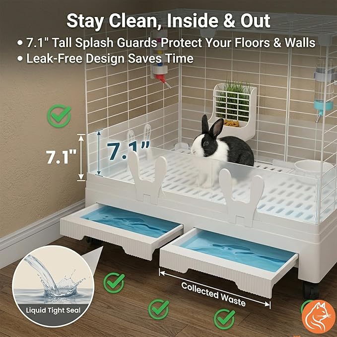 Oneluck Rabbit Cage Indoor,Loft Bunny Hutch with Urine-Proof wall,Leak-Proof Trays, Wheels 28.7" L x 18.1" W x 25.6" H for Rabbits Chinchillas, Guinea Pig and Small Animal (Small, Opaque)