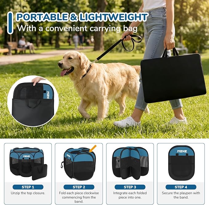 Dog Playpen, Portable Puppy Pet Crate Indoors for Small/Medium/Large Dogs Cats Rabbits, Foldable Dog Cage Enclosure for Outdoor, Pop Up Dogs Tent Kennel with Carrying Case, Blue Black