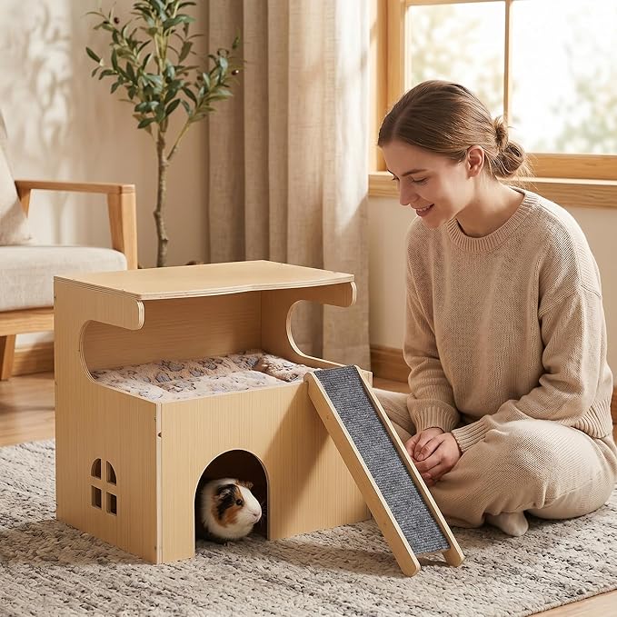 Quazara Guinea Pig Hideout, 2-Tier Thickened Natural Wood Chew Resistant Small Animal House, Pet Shelter with Ramp & Washable Cushion, 10-Min Assembly with Screwdriver, for Guinea Pigs,Hamster