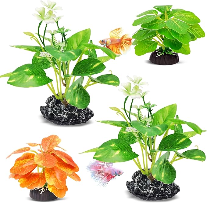GOZILLA Fish Tank Plants, Reptile Artificial Plastic Plants, Reptile Plants for Terrarium, Aquarium Decorations Resin Pedestal Ornaments for Fish Tank Accessories Set.(4PCS/B-Set)