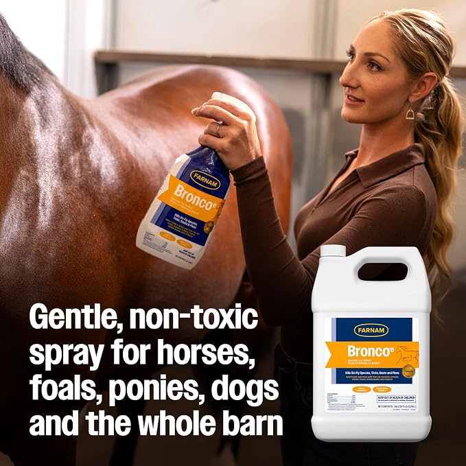 Farnam Bronco E Fly Spray for Horses, Dogs & Premises - Water-Based Fly Spray Kills & Repels Stable, Horse, Deer, House & Horn Flies, Mosquitoes, Fleas, Chiggers, Ticks, Lice & Gnats [128 oz Refill]