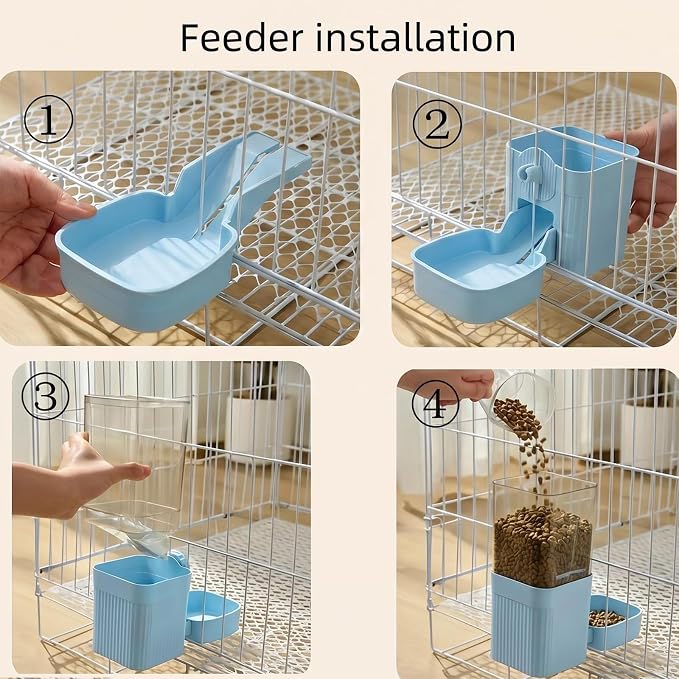 Automatic Rabbit Feeder and Water Dispenser Set,54oz Gravity Food Feeder&17oz Leak-Proof Water Bottle for Guinea Pigs,Hamsters,Chinchillas,Ferrets, Small Animals,Cage Mount Feeding Station Blue