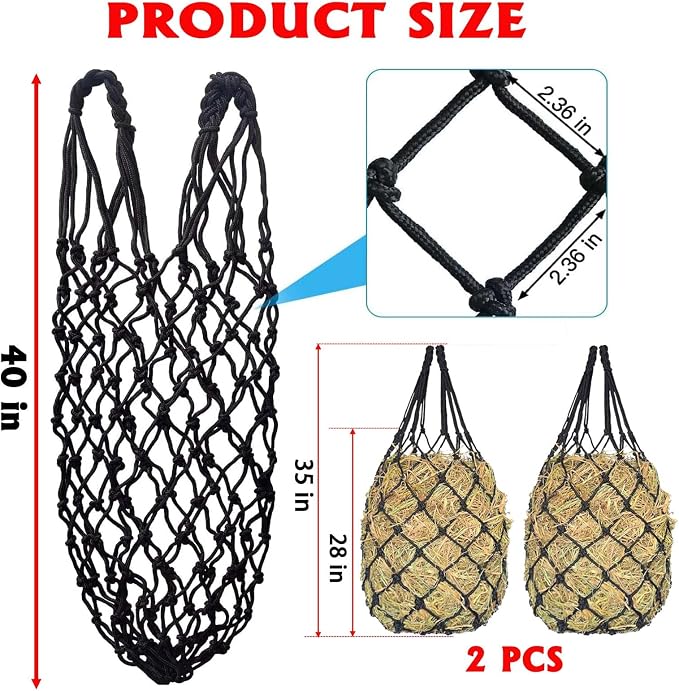 Slow Feed Hay Net for Horses,2 Pack Hanging Feeder for Horses Sheep Goats, Black Nylon Mesh Bag, 40 Inch Length, 2.36 Inch Holes, Cross Weave Design,