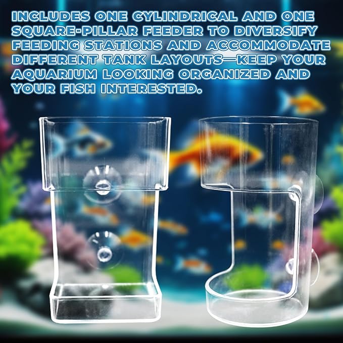 2-Pack Acrylic Fish Feeders – Round & Square Suction-Cup Feeding Tubes for Aquariums, Hollow Floating-Sinking Fish & Shrimp Food Holders