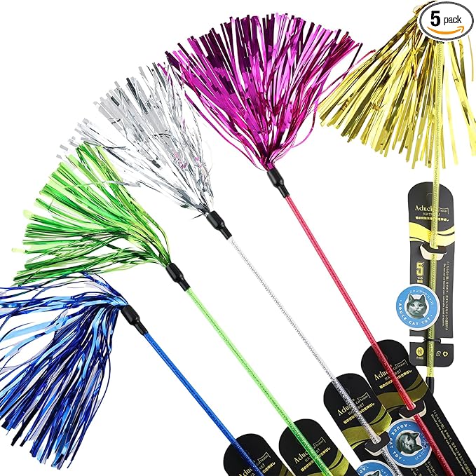 ADUCK Interactive Cat Teaser Wand Toy with Tassels - Durable Cat Chaser for Indoor Kitten Exercise, Boredom Relief & Training Play, Pack of 5 (Gold, Blue, Pink, Silver, Green)
