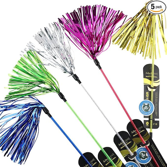 ADUCK Interactive Cat Teaser Wand Toy with Tassels - Durable Cat Chaser for Indoor Kitten Exercise, Boredom Relief & Training Play, Pack of 5 (Gold, Blue, Pink, Silver, Green)