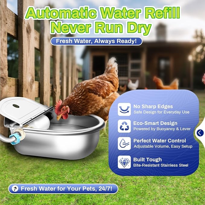 Ademon Automatic Animal Drinking Water Bowl with Float Valve, Extended Pipe & Drain Hole, Stainless Steel Waterer Feeder Farm Dog Dispenser Kit Self Filling for Livestock Horse Goat Water Trough
