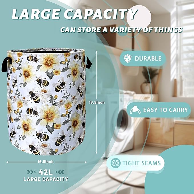 Cute Bees Laundry Basket Foldable With Handles Tote Bag Oxford Cloth Yellow Flowers Colorful Laundry Hamper Clothes Storage Bucket Toy Organizer 18.9" x 16.5" For Bathroom/Laundry/Bedroom