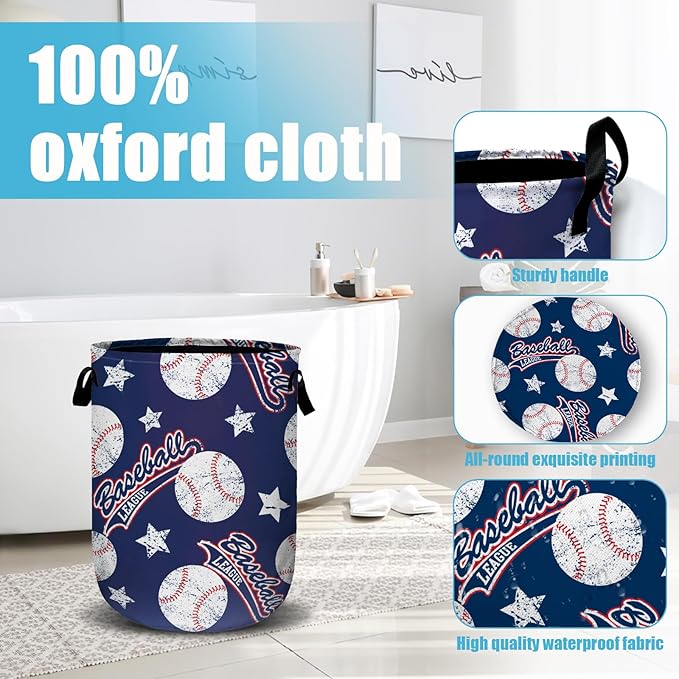 Baseballs and Stars Laundry Basket, Laundry Hamper Collapsible Oxford Cloth with Handle Clothes Storage Bin for Bathroom Laundry Room Bedroom 15.7 X 20 Inch