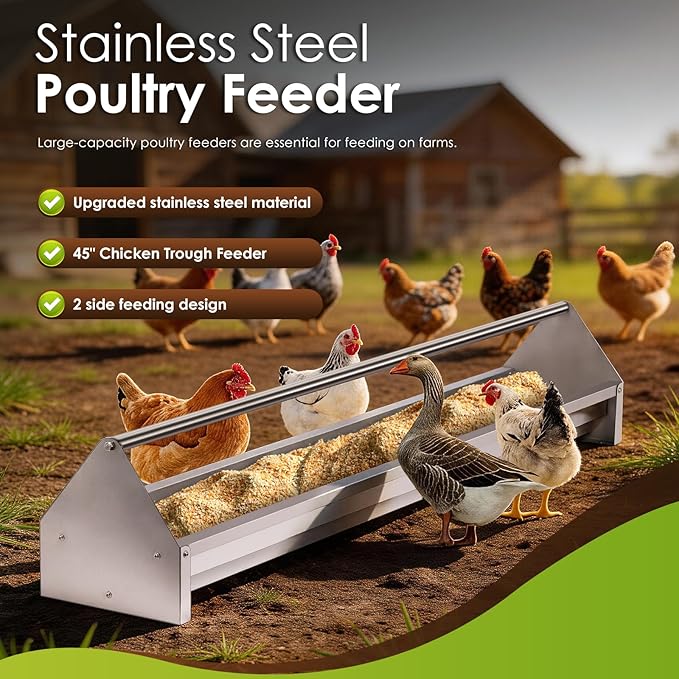 Chicken Feeding Trough 45" Stainless Steel Double Sided Poultry Chicken Feeder Trough Heavy Duty with Crossbar Large Capacity for Chicken Duck Goose Quail