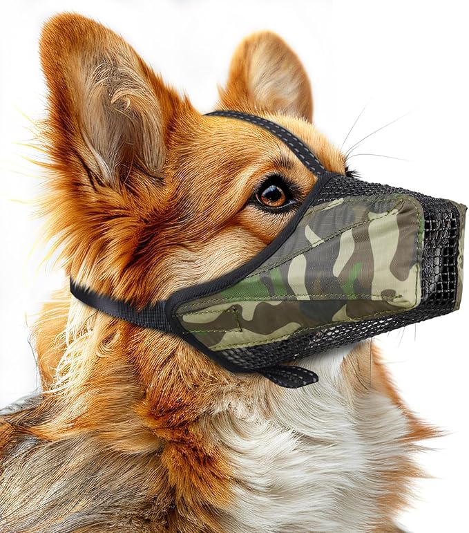 Mesh Dog Muzzle, Breathable Soft Dog Muzzle with Reflective Straps for Secure Fit, Prevents Biting, Chewing Scavenging- Adjustable for Small Medium Large Dogs,Camo,M