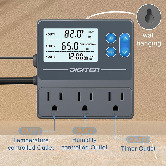 DIGITEN Reptile Temp & Humidity Controller, Timer Outlet, Day-Night Thermostat, 3-Stage Outlet Plug in Temperature Controller for Reptile, Mushroom, Homebrew