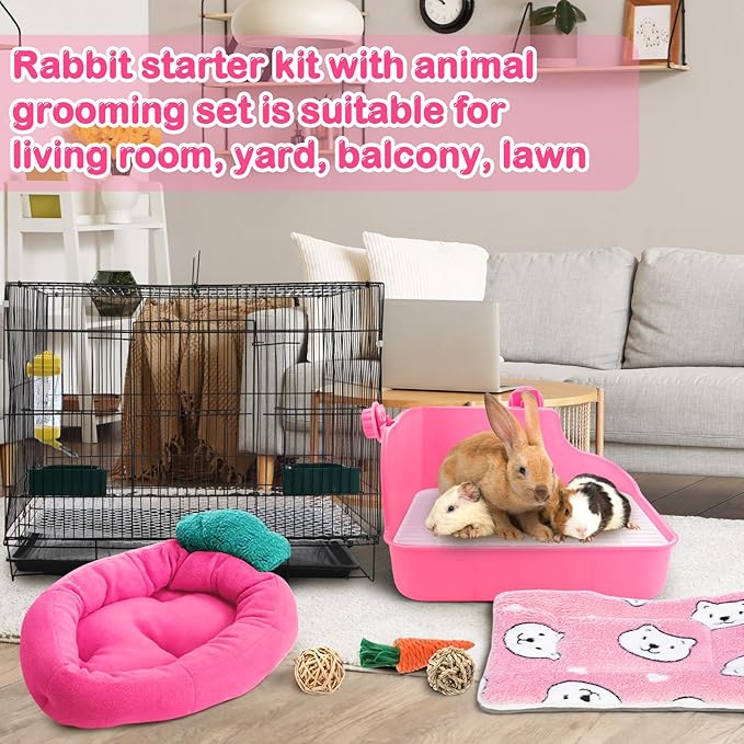 Abbylike 22 Pcs Rabbit Starter Kit with Cage, Rabbit Grooming Kit Bunny Cage Set with Bed, Litter Box, Water Bottle, Feeders, Toys, Grooming Cleaning Supplies for Indoor Rabbits Small Pets(Pink)