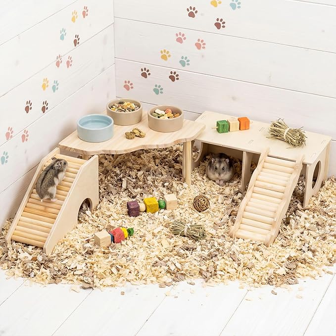 BreezeHug 4 Pcs Hamster Platform Hideout Wooden Tunnel Ladder Playhouse Hamster Game Climbing Toy with Platform Cage Accessories for Pets Dwarf Syrian Mice Degus Gerbils Squirrel(Peek)