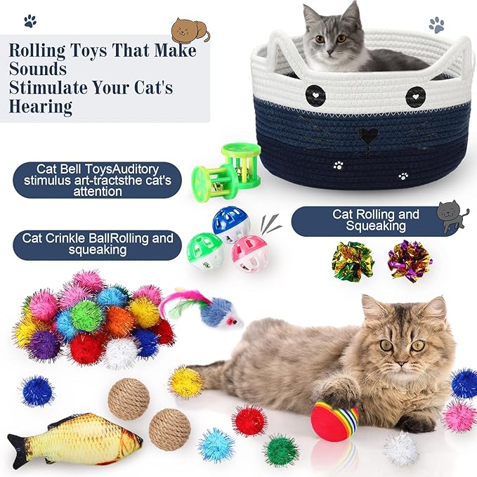 Zopeal 76 Pcs Mother's Day Cat Storage Basket Gift Toys Set Interactive Cat Toys Kitten Wand Colorful Flashing Balls Pet Crinkle Balls Attract Kitten to Swat, Hunt for Pet Indoor(Blue)