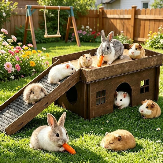 Large Bunny House with Stair, Wooden Bunny Castle Rabbit Hideout, Chinchilla and Guinea Pigs Hut Hideouts, Sturdy Rabbit Cage Hamster Hideout Bed Hutch（Excluding String Lights）