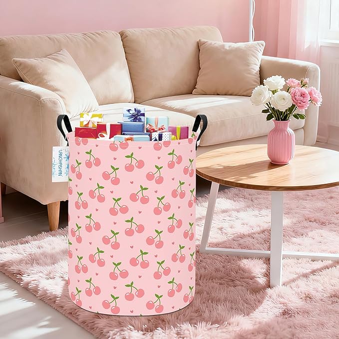 Laundry Basket Canvas Fabric Collapsible Organizer Basket for Storage Bin Toy Bins Gift Baskets Bedroom Clothes Children Nursery Hamper (Pink Cherry)