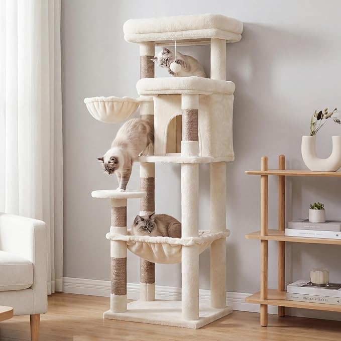 Heybly Cat Tree, 56-Inch Multi-Level Easy Climb Tower for Large Cats, Cat Furniture with 2 Perches, Cozy Hammock, Spacious Condo & Cat Basket, Durable Sisal Scratching Posts, Beige HCT028G