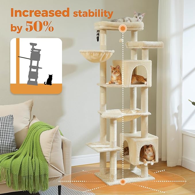 PETEPELA 69" Tall Cat Tree for Indoor Large Cats, Cat Tower for Adult Cats with Big Hammock, Cat Climbing Tree Tower with Scratching Posts, Condo House and Large Top Perch, Beige