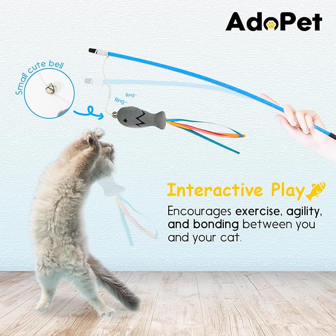 3PCS Interactive Cat Wand Toy with Plush Fish & Colorful Ribbon Tails – Engaging Play and Exercise Teaser Stick for Indoor Cats and Kittens (Brown, Gray, Pink)